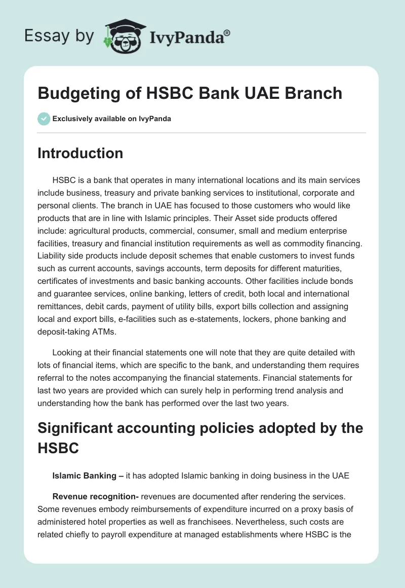 Budgeting of HSBC Bank UAE Branch. Page 1
