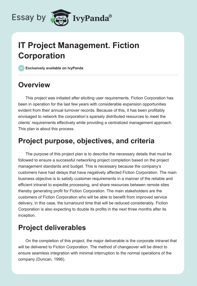 IT Project Management. Fiction Corporation. Page 1