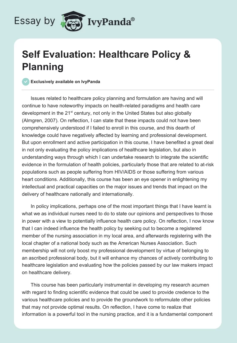 Self Evaluation: Healthcare Policy & Planning. Page 1