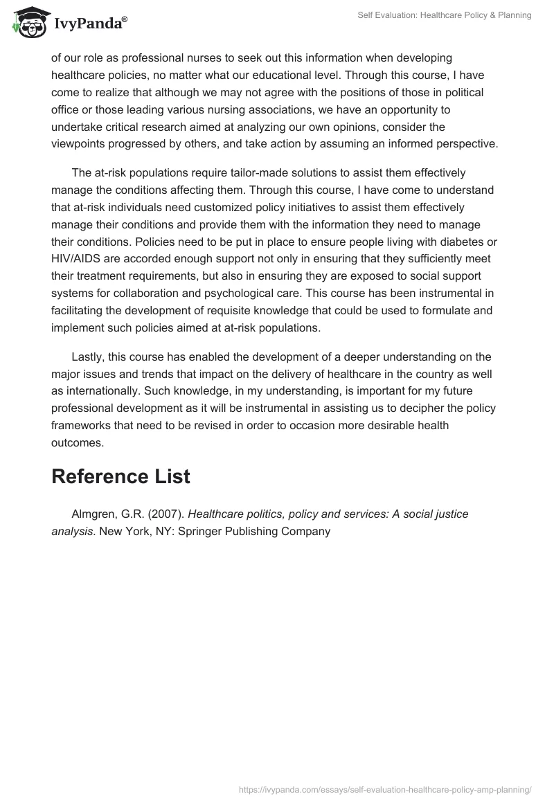 Self Evaluation: Healthcare Policy & Planning. Page 2