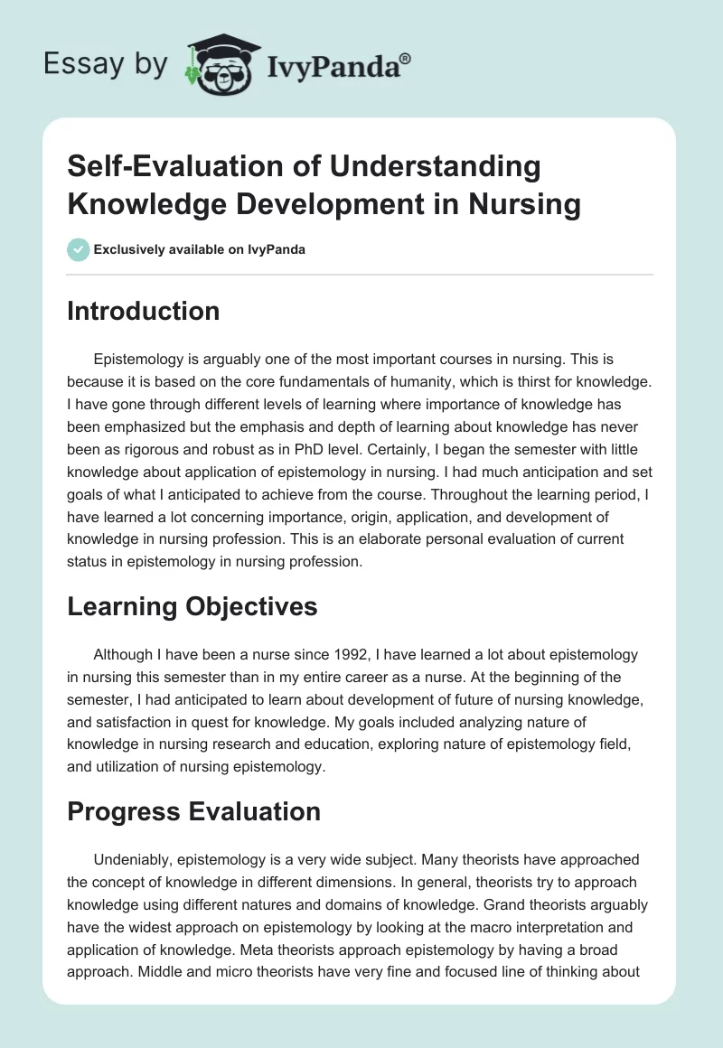 Self-Evaluation of Understanding Knowledge Development in Nursing. Page 1