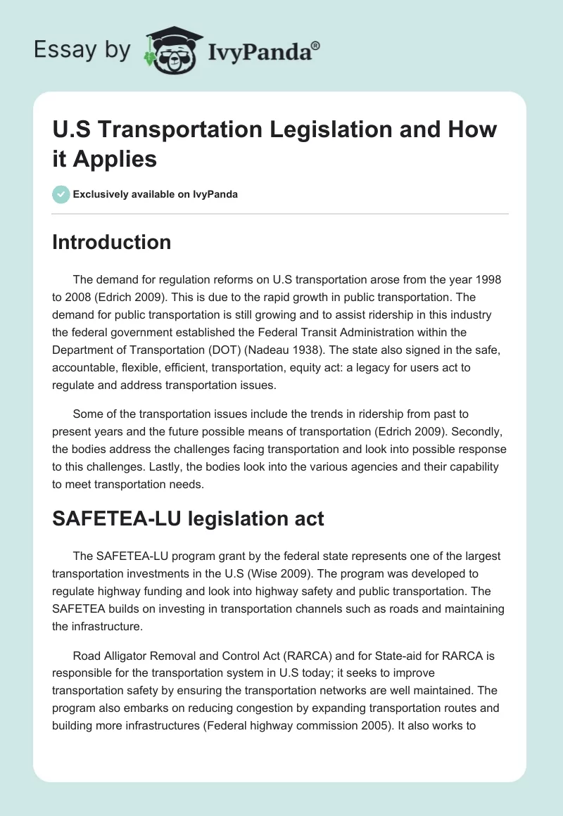 U.S Transportation Legislation and How it Applies. Page 1