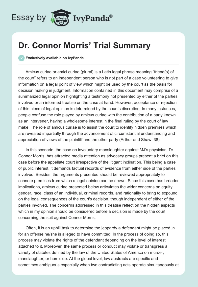 Dr. Connor Morris’ Trial Summary. Page 1