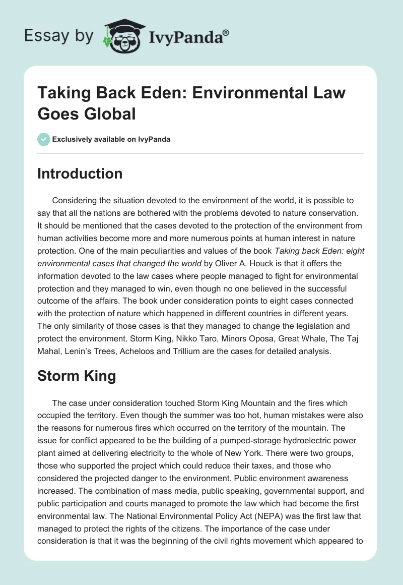Taking Back Eden: Environmental Law Goes Global. Page 1