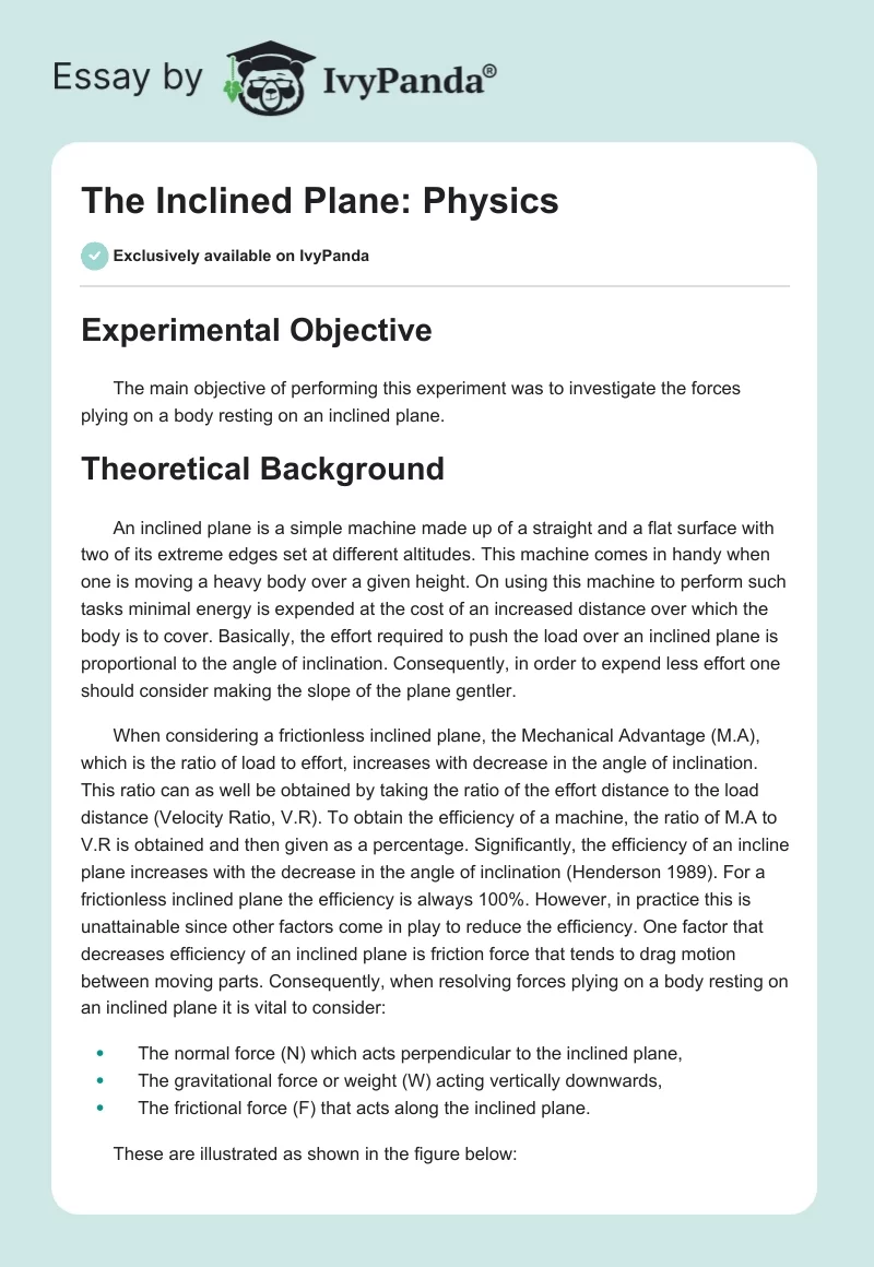 The Inclined Plane: Physics - 1143 Words | Coursework Example