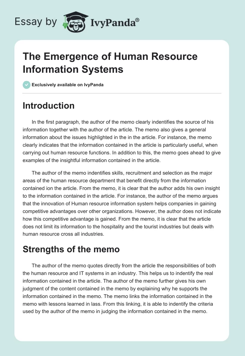 The Emergence of Human Resource Information Systems. Page 1