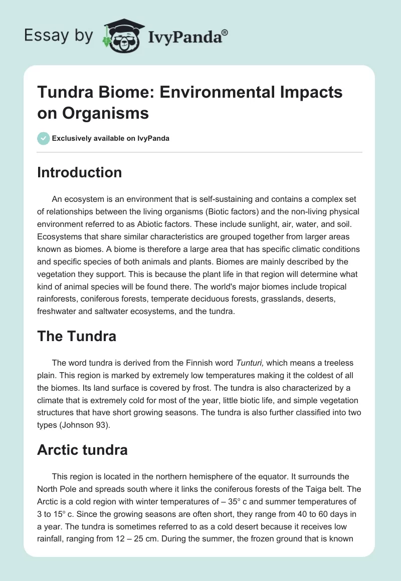 Tundra Biome: Environmental Impacts on Organisms. Page 1