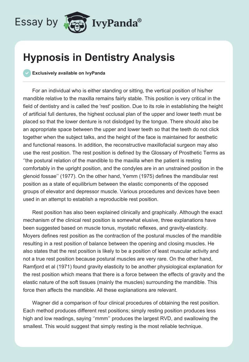 Hypnosis in Dentistry Analysis. Page 1