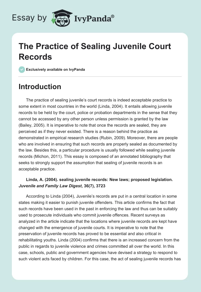 The Practice of Sealing Juvenile Court Records. Page 1