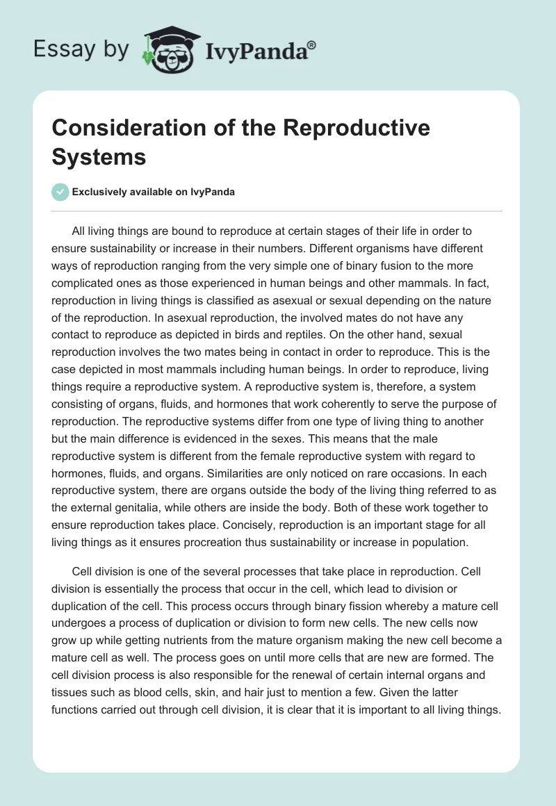 Consideration of the Reproductive Systems. Page 1