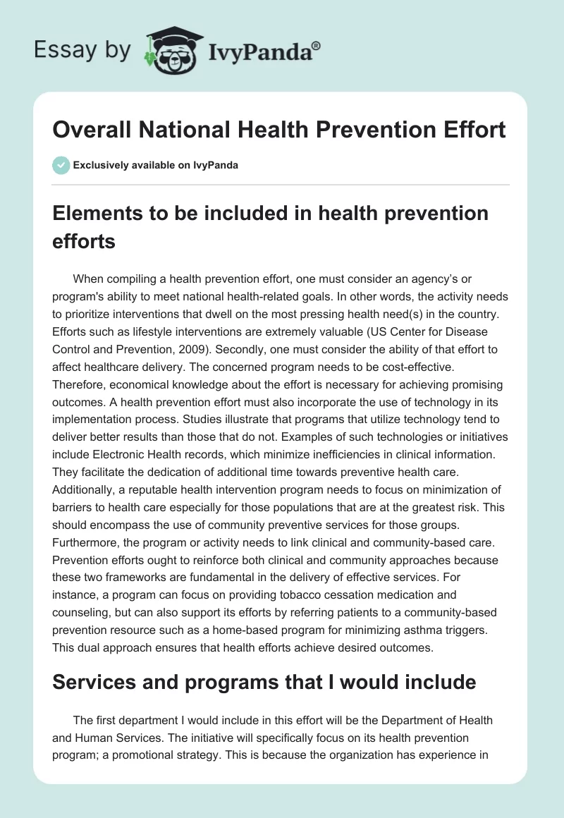 Overall National Health Prevention Effort. Page 1