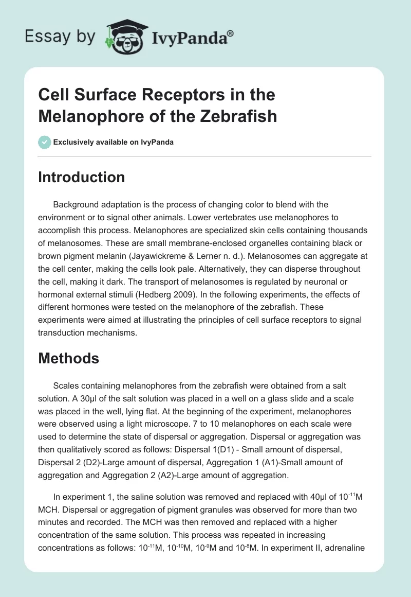 Cell Surface Receptors in the Melanophore of the Zebrafish. Page 1