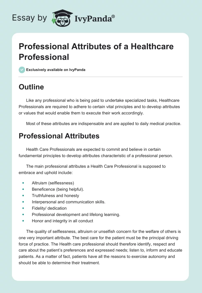 Professional Attributes of a Healthcare Professional. Page 1