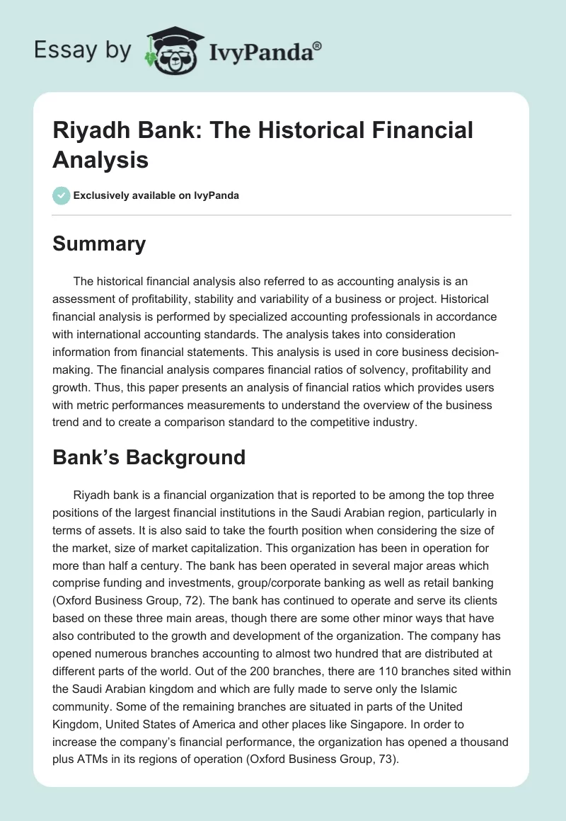 Riyadh Bank: The Historical Financial Analysis. Page 1