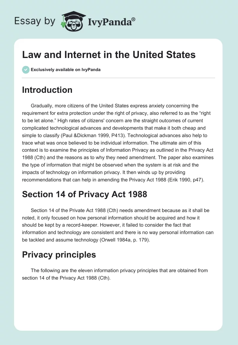 Law and Internet in the United States. Page 1