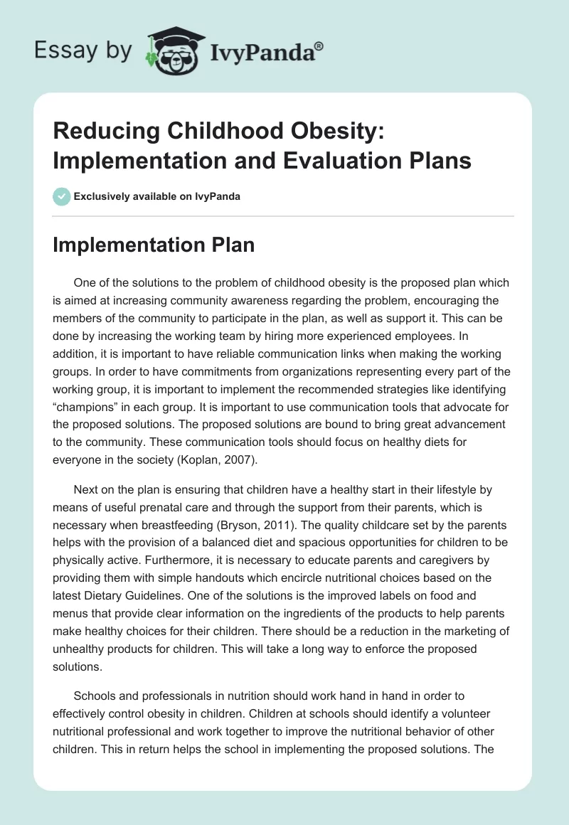 Reducing Childhood Obesity: Implementation and Evaluation Plans. Page 1