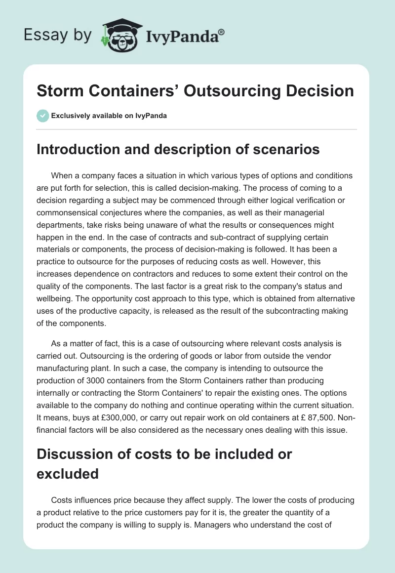 Storm Containers’ Outsourcing Decision. Page 1