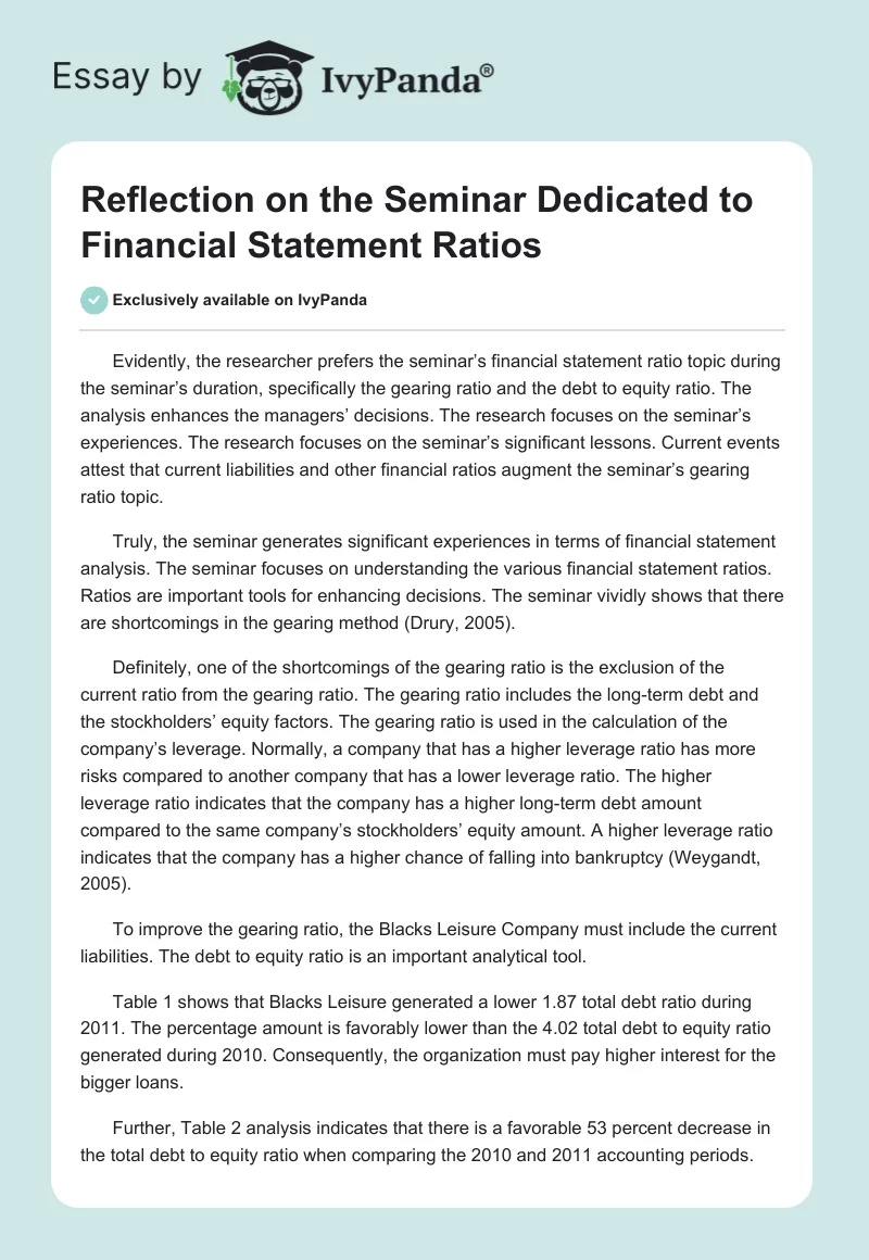 Reflection on the Seminar Dedicated to Financial Statement Ratios. Page 1