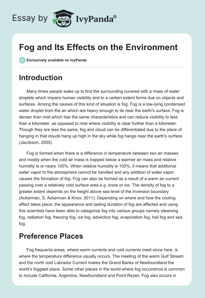 Fog and Its Effects on the Environment. Page 1