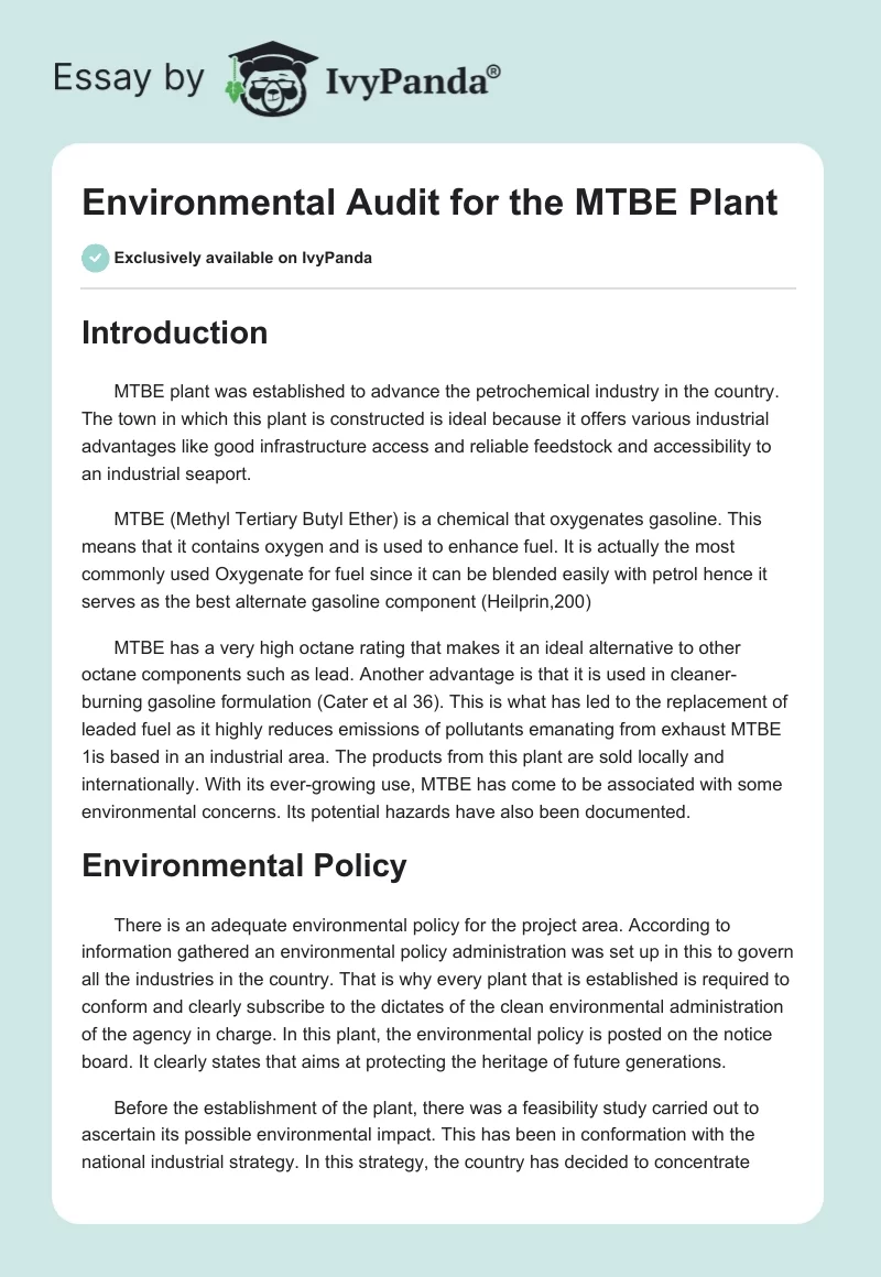 Environmental Audit for the MTBE Plant. Page 1