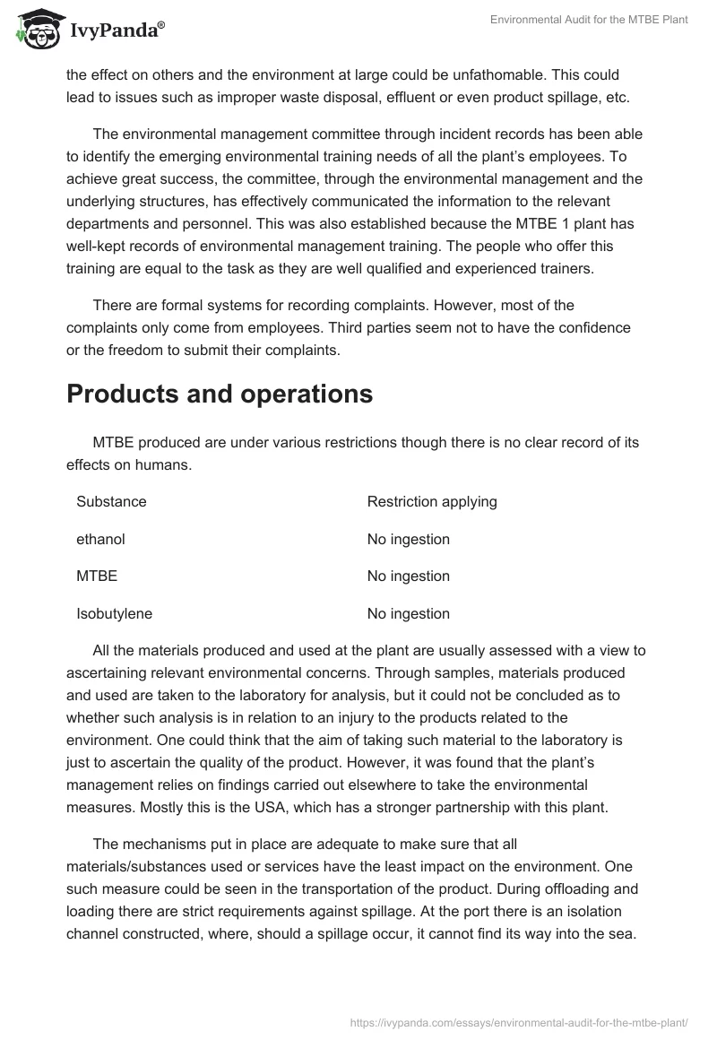 Environmental Audit for the MTBE Plant. Page 5