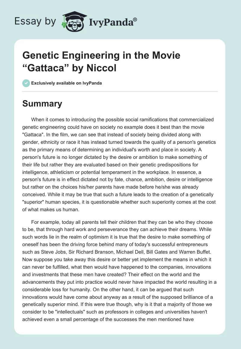 Genetic Engineering in the Movie “Gattaca” by Niccol. Page 1