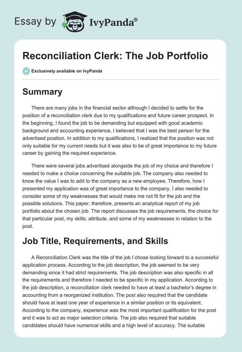 Reconciliation Clerk: The Job Portfolio. Page 1