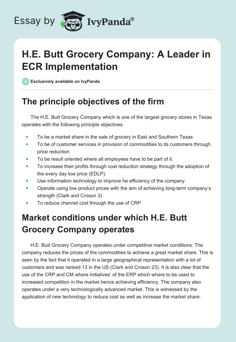 H.E. Butt Grocery Company: A Leader in ECR Implementation. Page 1