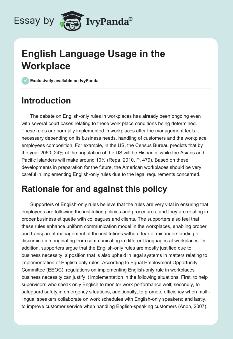 English Language Usage in the Workplace. Page 1