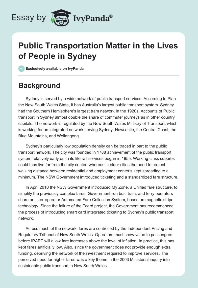 Public Transportation Matter in the Lives of People in Sydney. Page 1