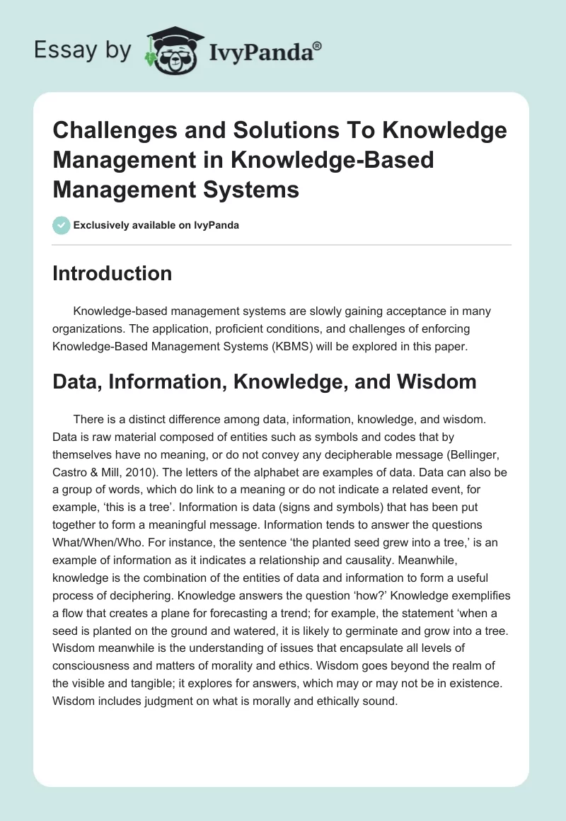 Challenges and Solutions To Knowledge Management in Knowledge-Based Management Systems. Page 1