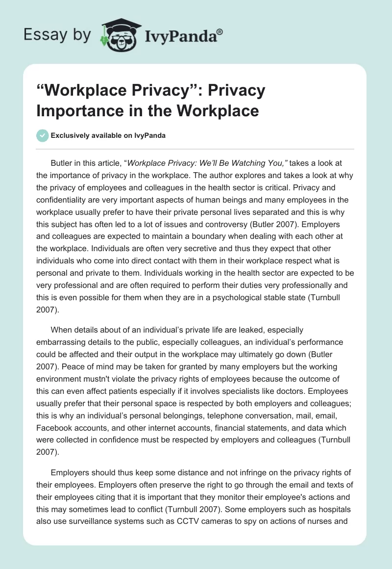 “Workplace Privacy”: Privacy Importance in the Workplace. Page 1