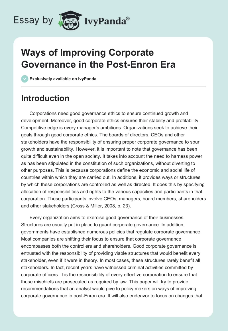 Ways of Improving Corporate Governance in the Post-Enron Era. Page 1