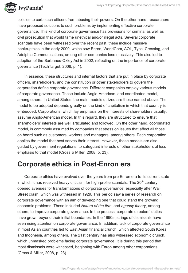 Ways of Improving Corporate Governance in the Post-Enron Era. Page 3