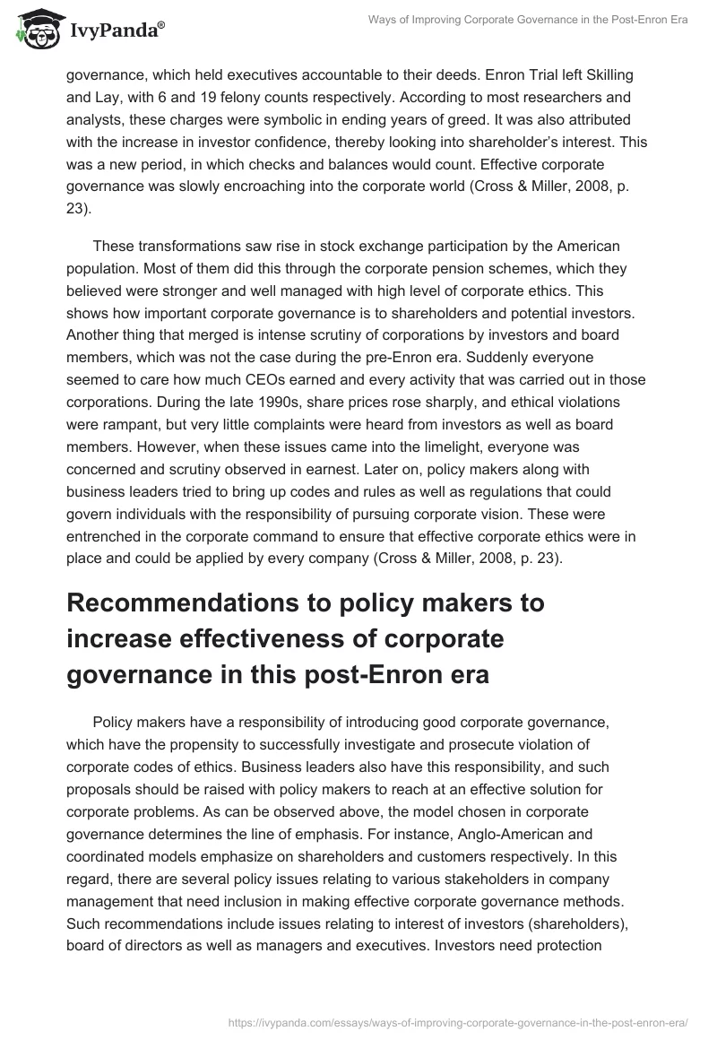Ways of Improving Corporate Governance in the Post-Enron Era. Page 5