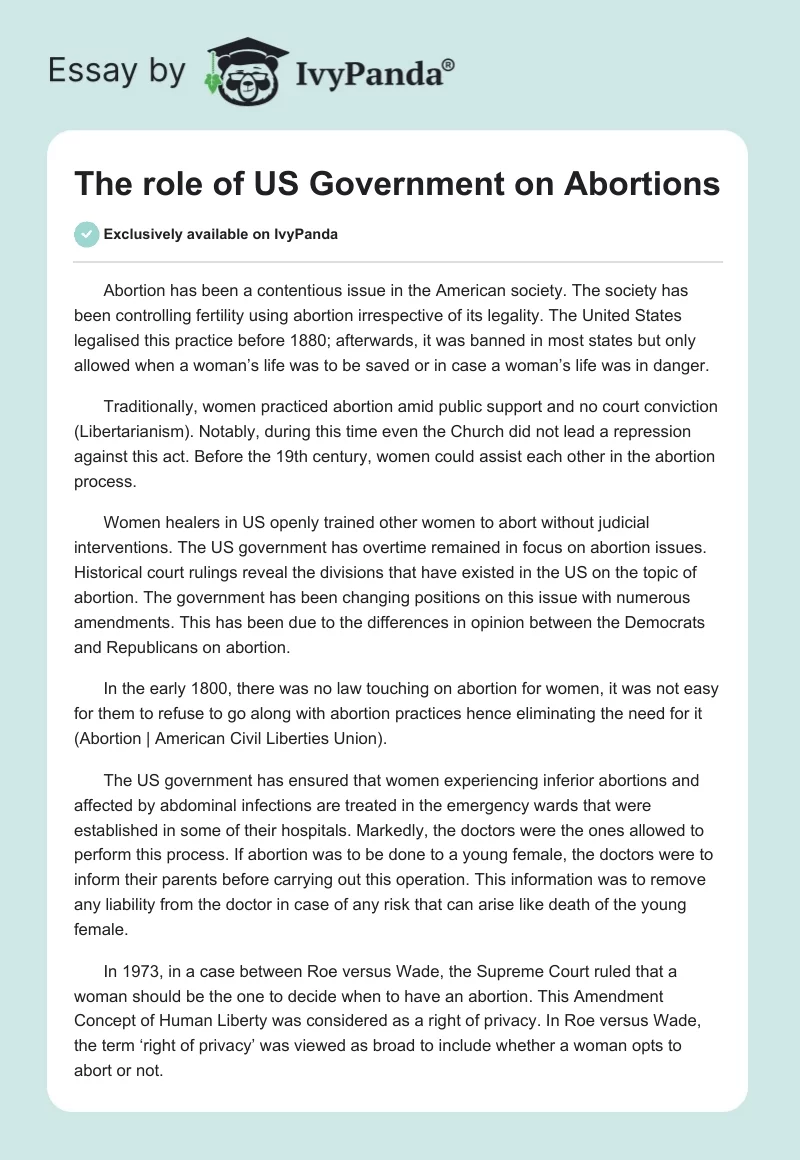 The Role of US Government on Abortions. Page 1