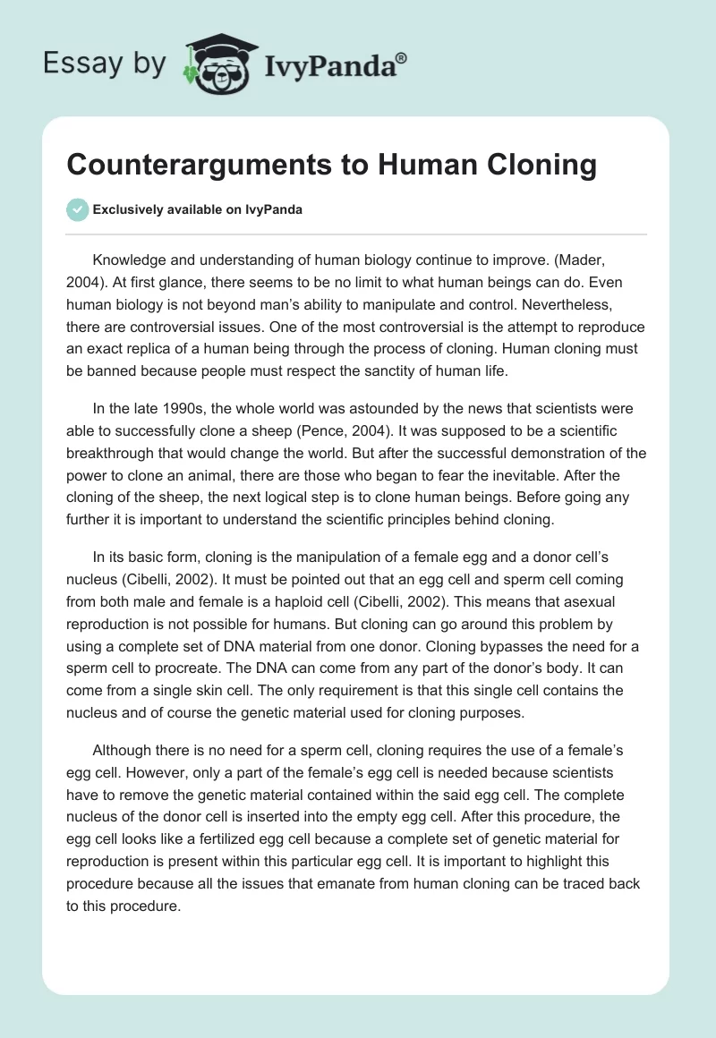 Counterarguments to Human Cloning. Page 1