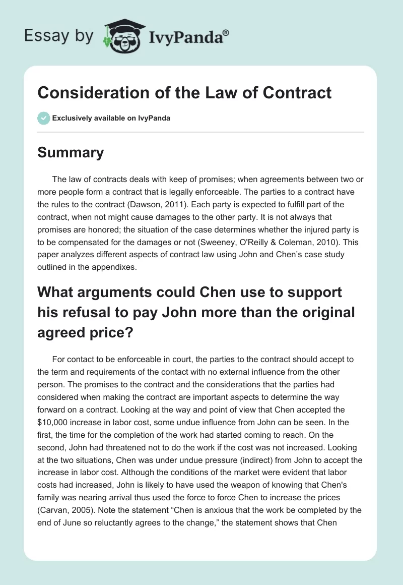 Consideration of the Law of Contract. Page 1