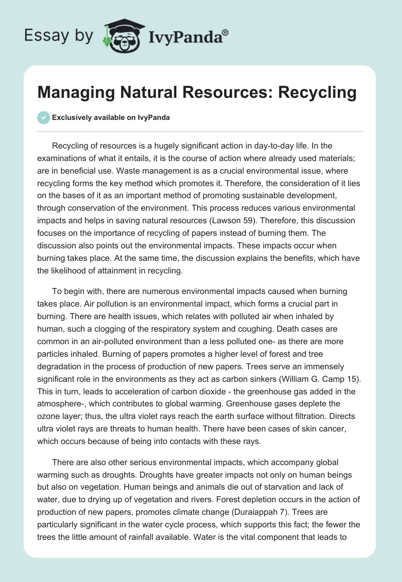 Managing Natural Resources: Recycling. Page 1