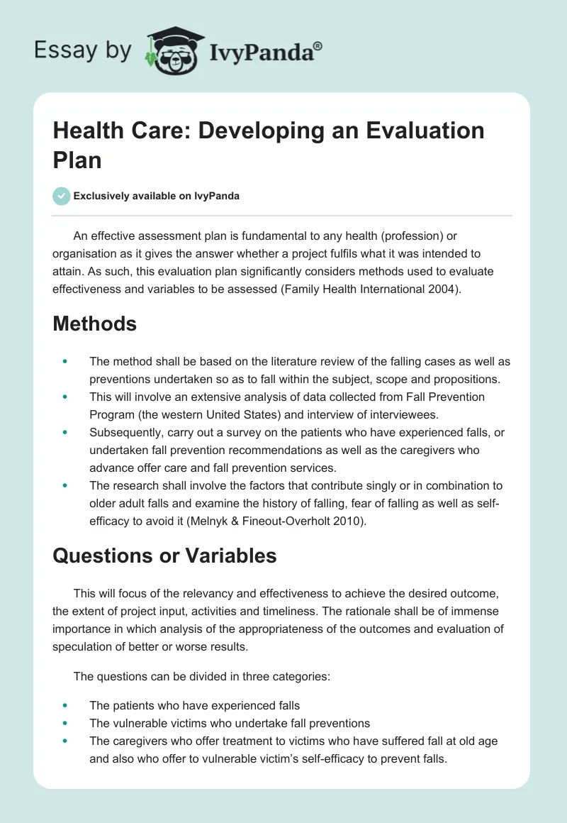 Health Care: Developing an Evaluation Plan. Page 1