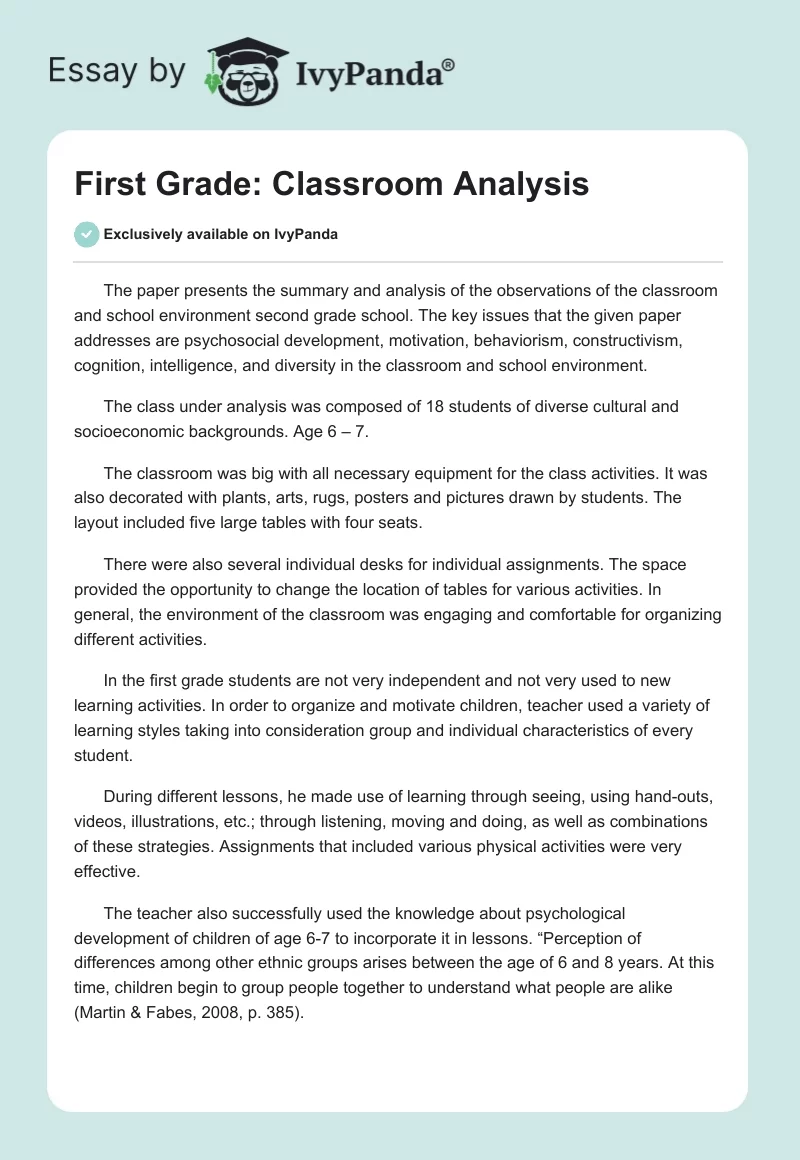 First Grade: Classroom Analysis. Page 1