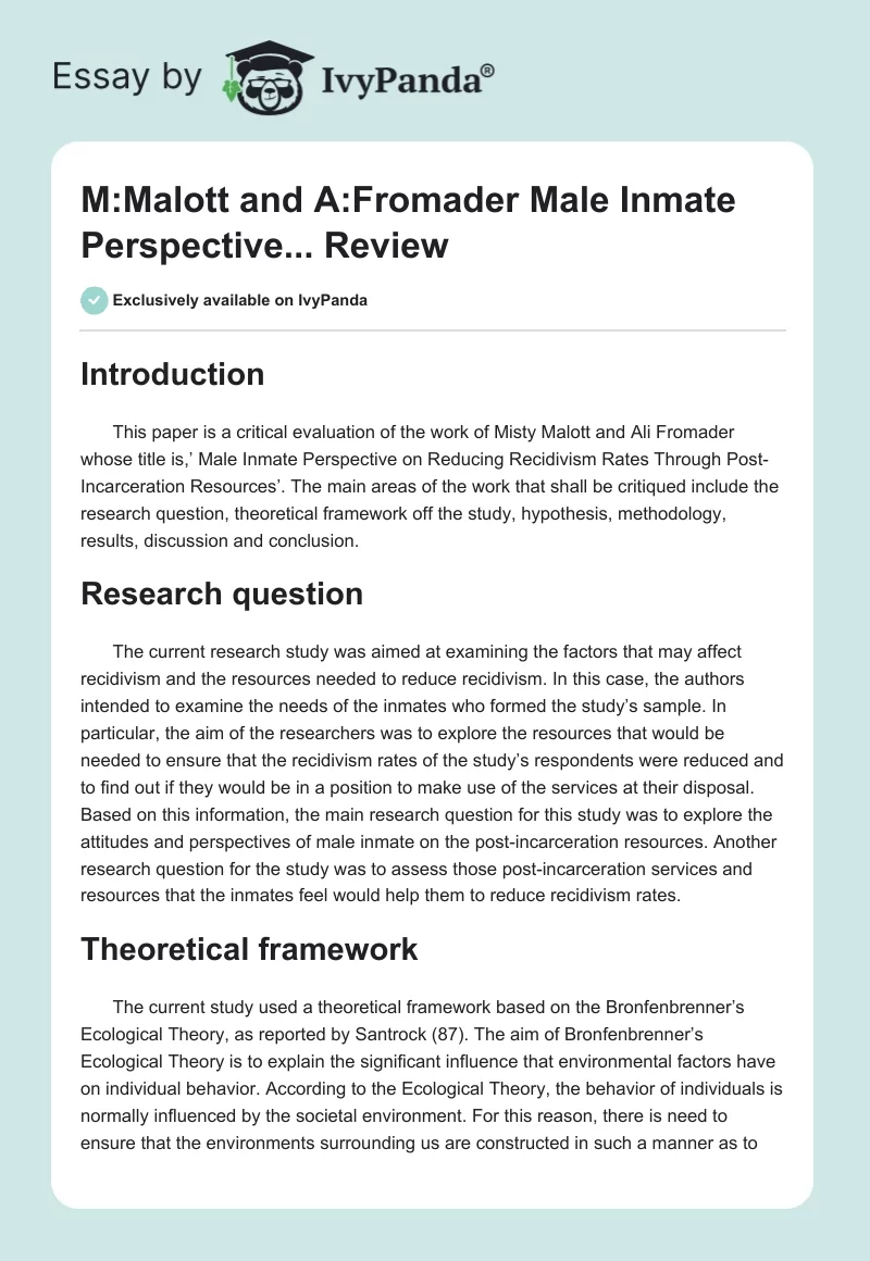 M:Malott and A:Fromader "Male Inmate Perspective..." Review. Page 1