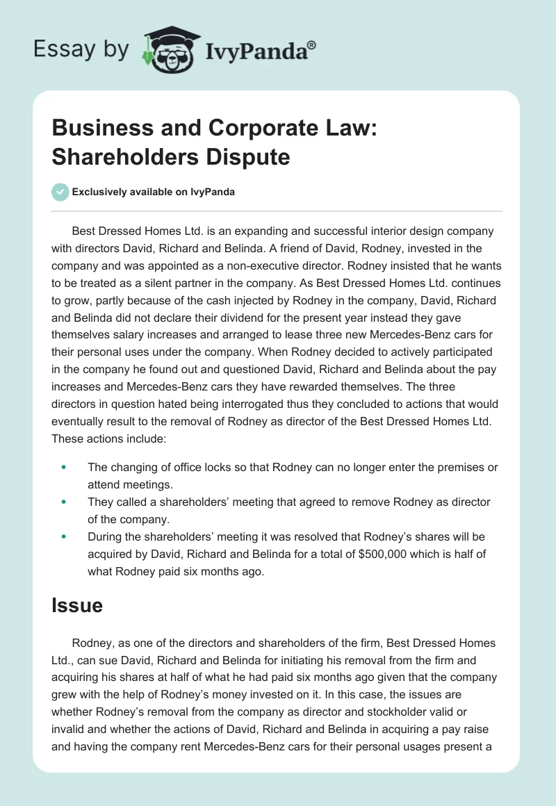 Business and Corporate Law: Shareholders Dispute. Page 1