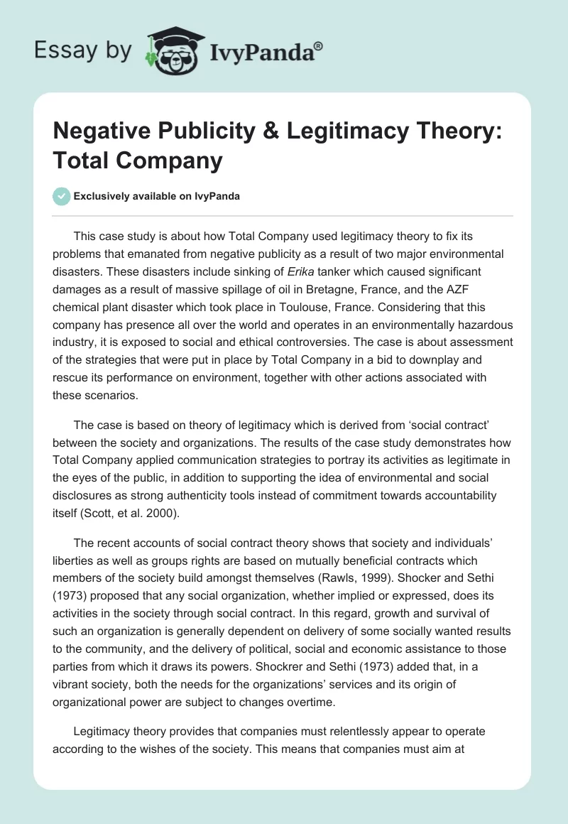 Negative Publicity & Legitimacy Theory: Total Company. Page 1
