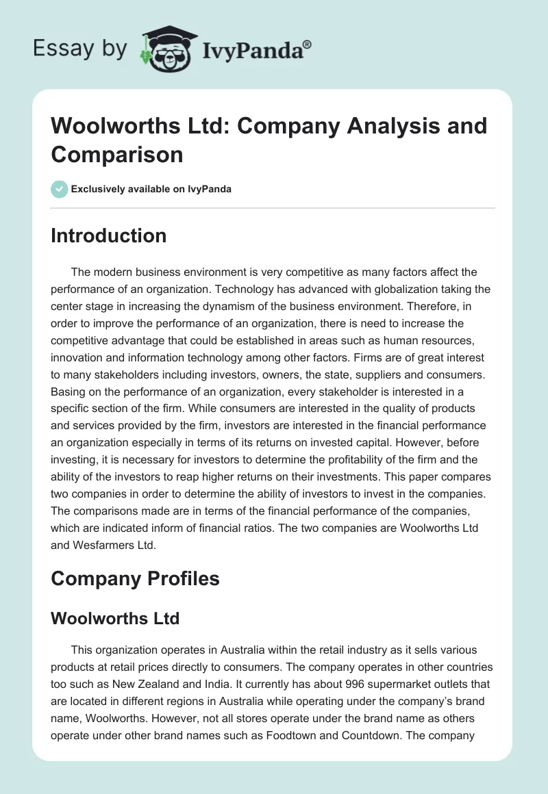 Woolworths Ltd: Company Analysis and Comparison. Page 1