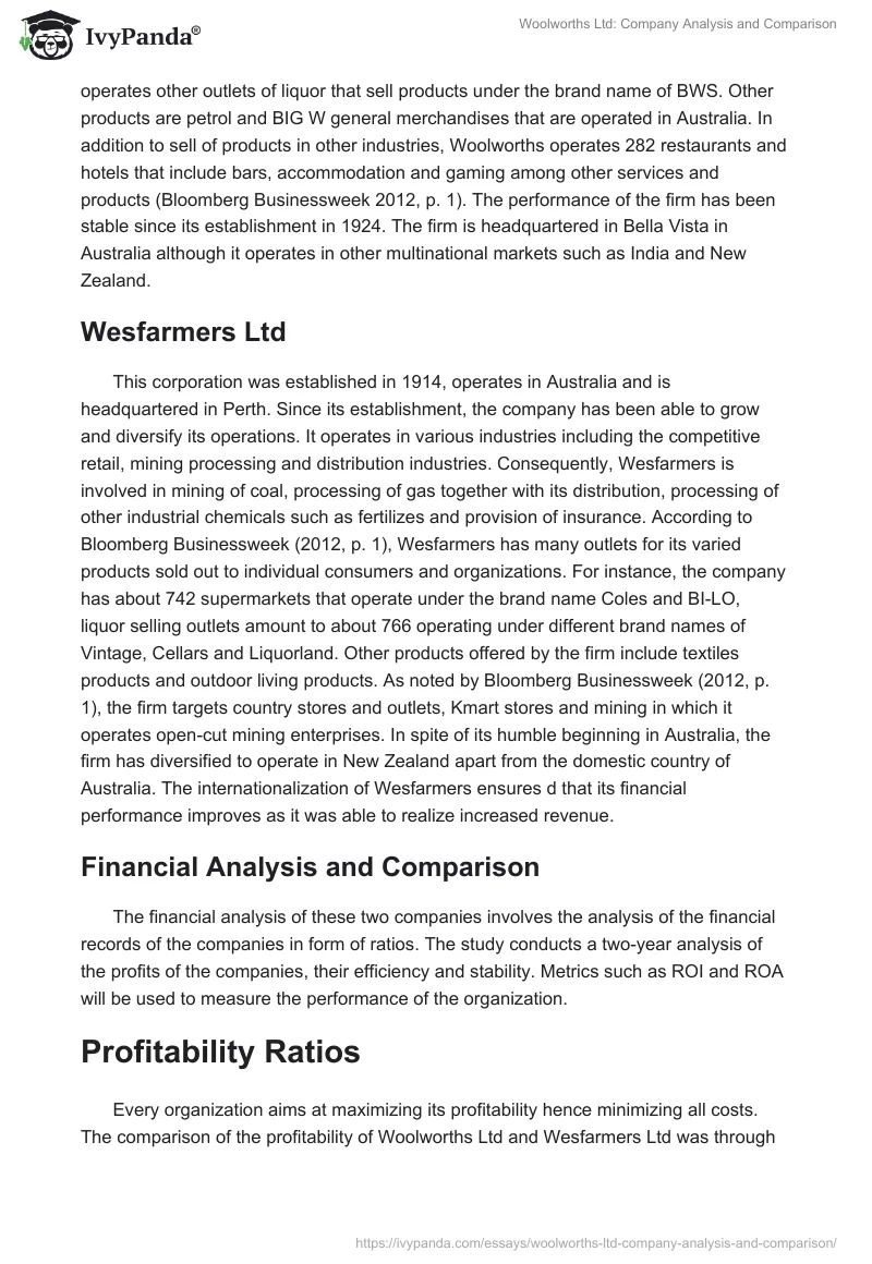 Woolworths Ltd: Company Analysis and Comparison. Page 2