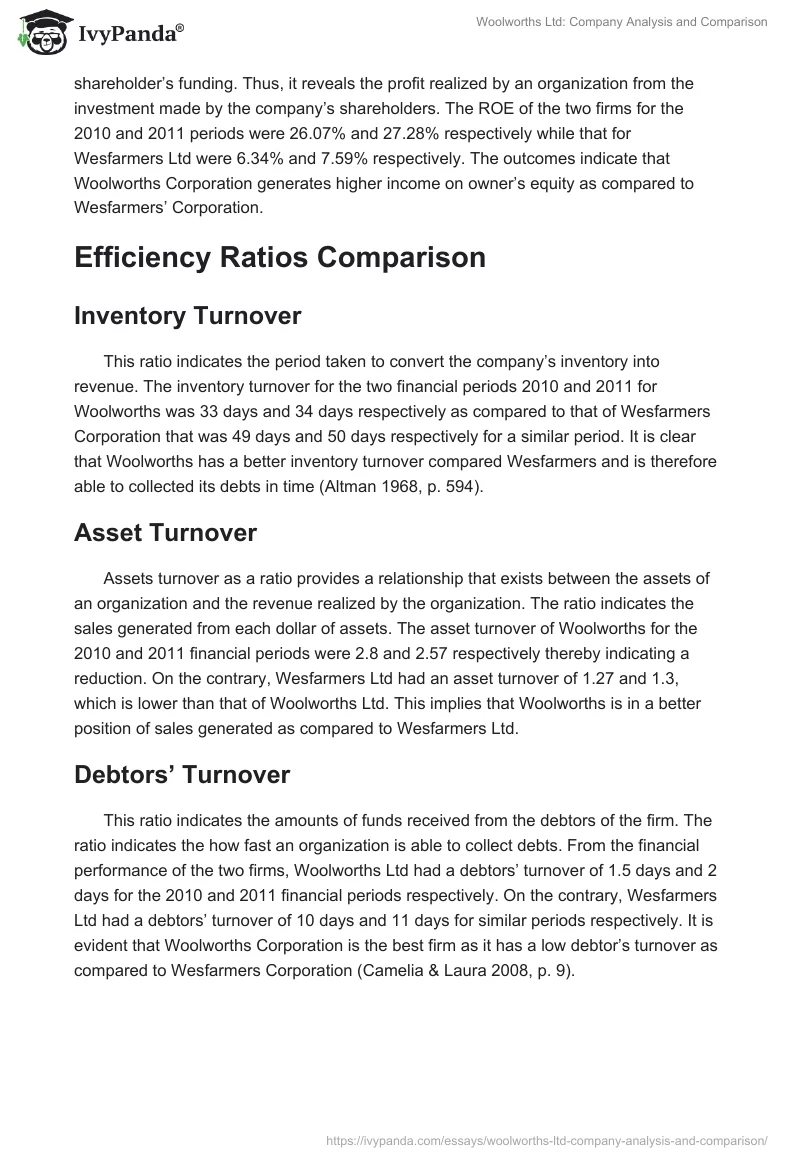 Woolworths Ltd: Company Analysis and Comparison. Page 4