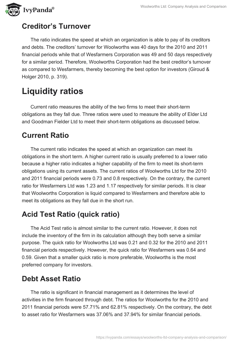 Woolworths Ltd: Company Analysis and Comparison. Page 5
