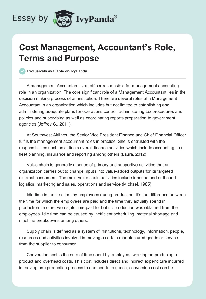 Cost Management, Accountant’s Role, Terms and Purpose. Page 1