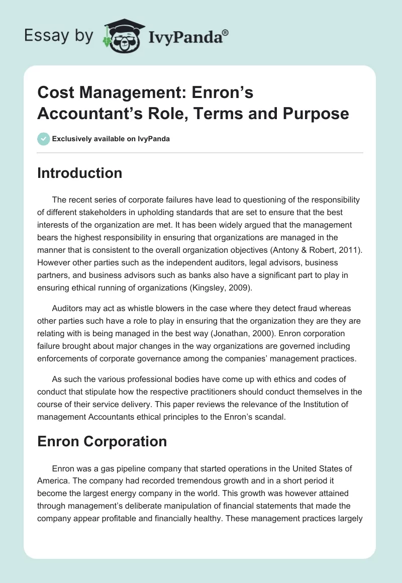 Cost Management: Enron’s Accountant’s Role, Terms and Purpose. Page 1